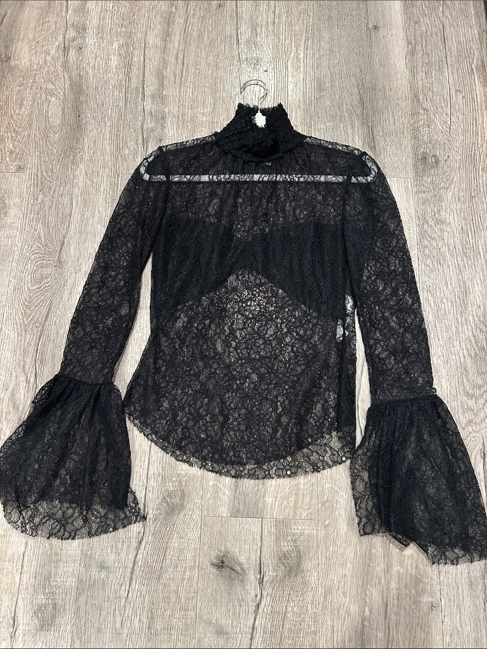 Zara Bohemian Festival Black Lace Top High-Neck Bell-Sleeve Whimsigoth SZ XS